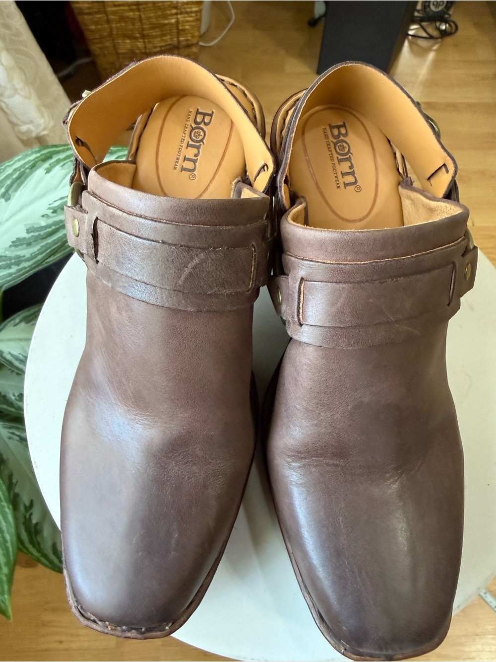 BORN Hudson Women’s 9M Brown Leather Platform Slingback Clogs Chunky Heel - Picture 6 of 16